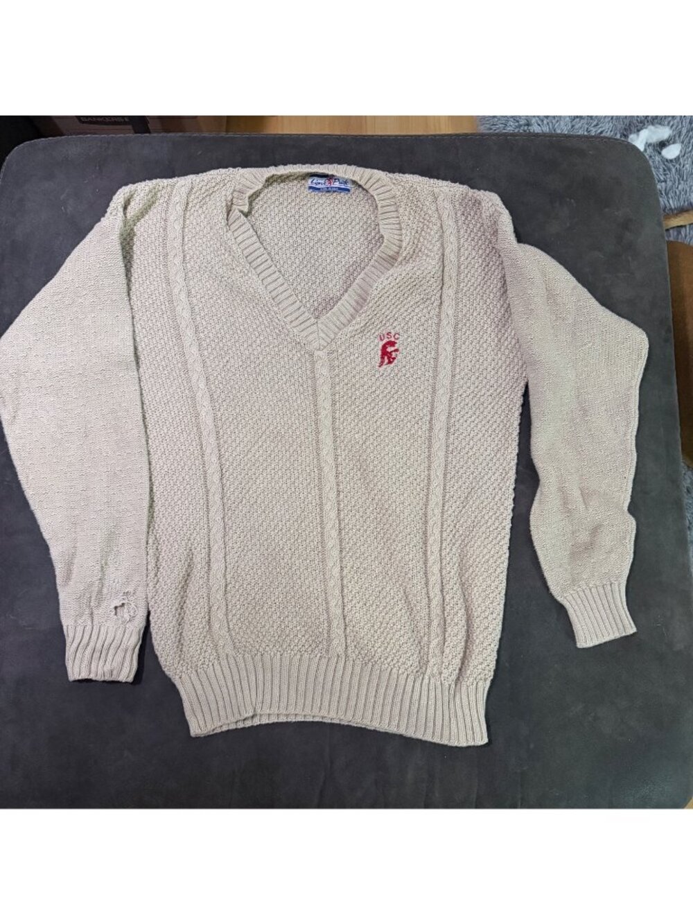 Vintage USC Beige V-Neck Sweater Large Cable Knit Cotton Made In USA